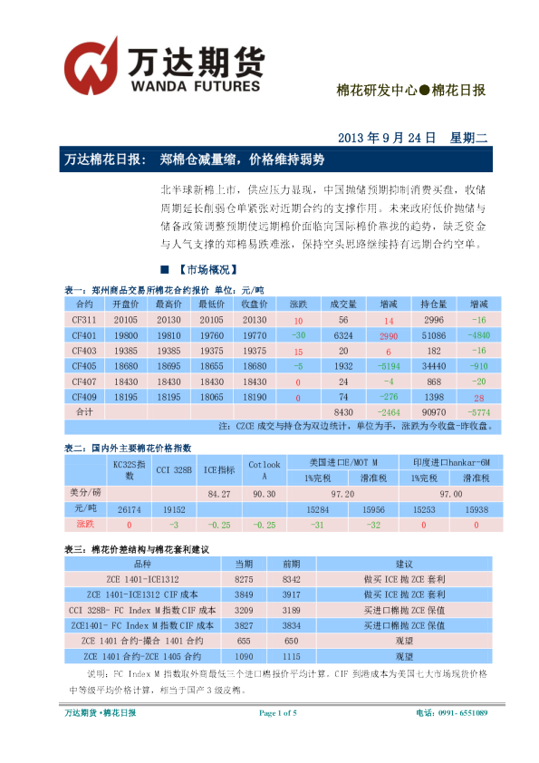 棉花日报：郑棉仓减量缩,价格维持弱势