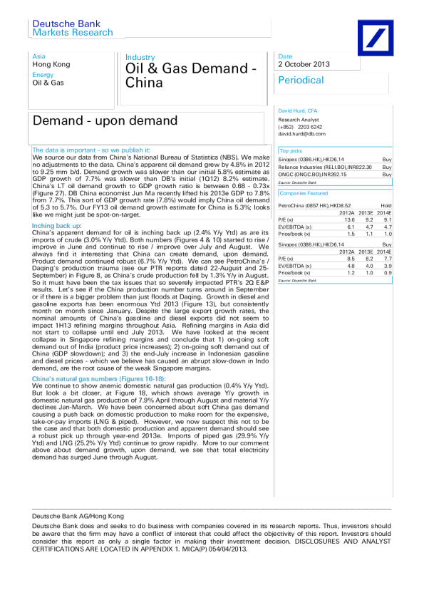 Oil & Gas Demand - China ： Demand - upon demand