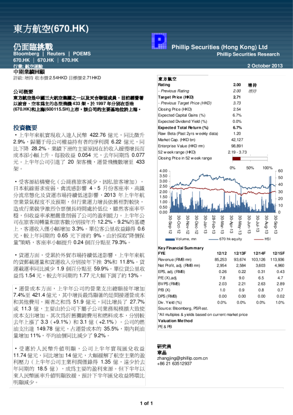中国东方航空股份：仍面临挑战