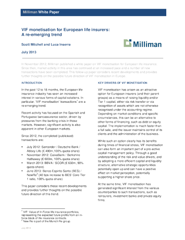 欧洲寿险公司VIF货币化：一种重新出现的趋势