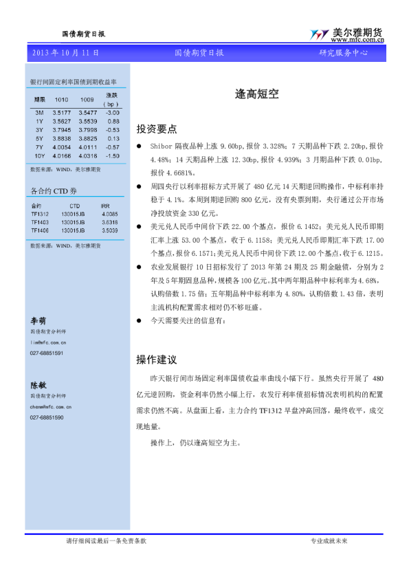 国债期货日报：逢高短空