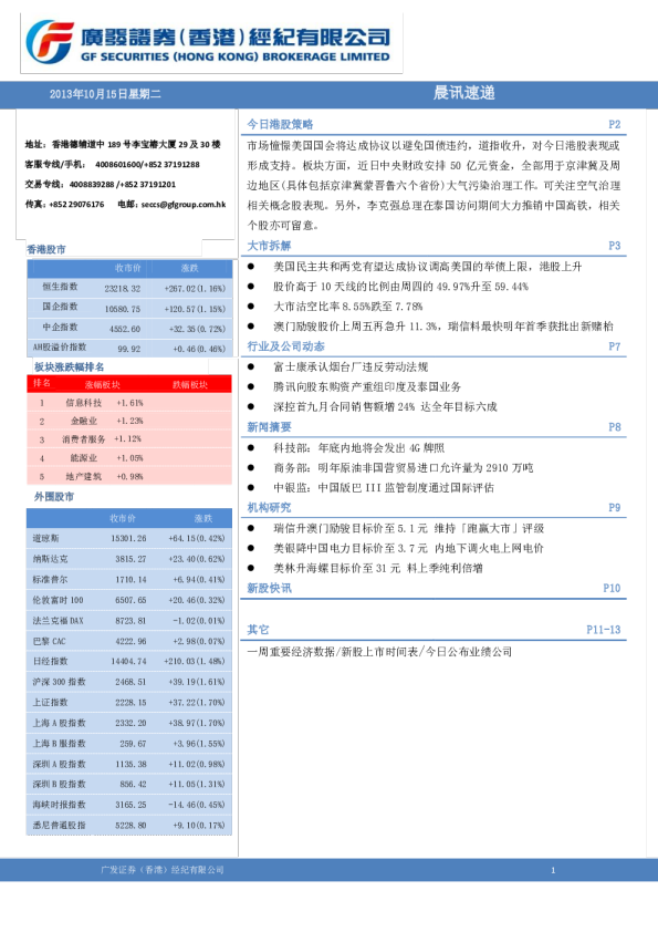 广发香港港股(10月15日)策略