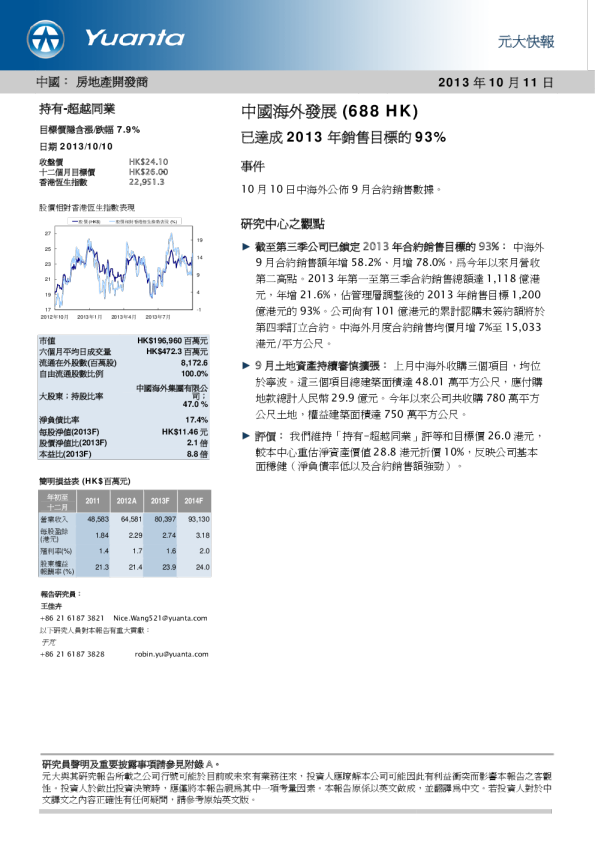 中国海外发展：已达成2013销售目标93%