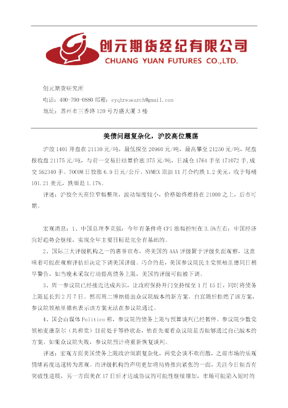 沪胶早报：美债问题复杂化,沪胶高位震荡