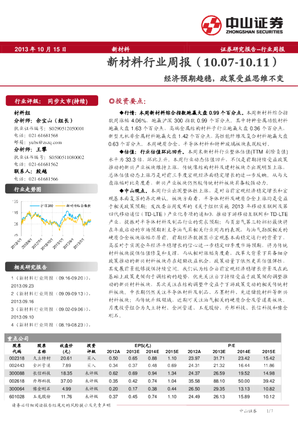 新材料行业周报：经济预期趋稳,政策受益思维不变