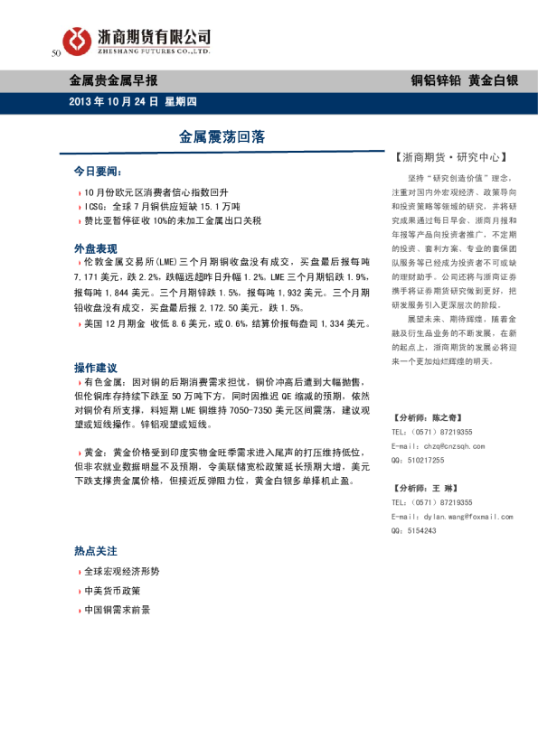 金属贵金属早报：金属震荡回落