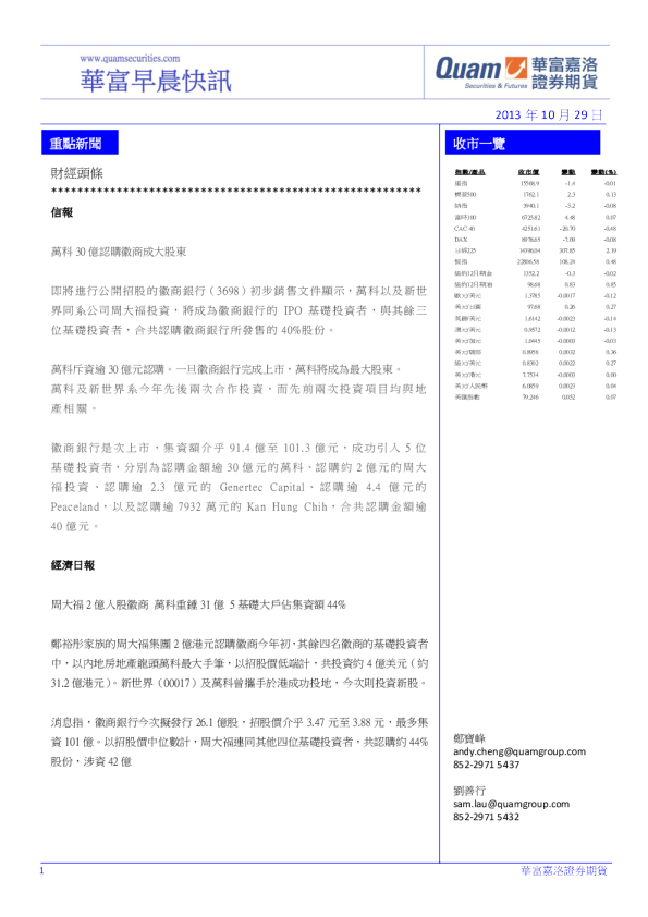 华富港股(10月29日)快讯