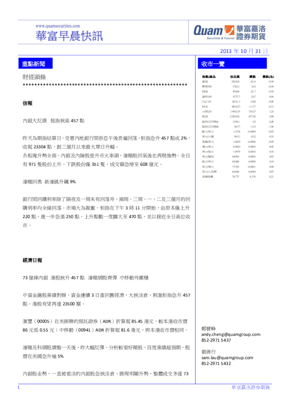 华富港股(10月31日)快讯