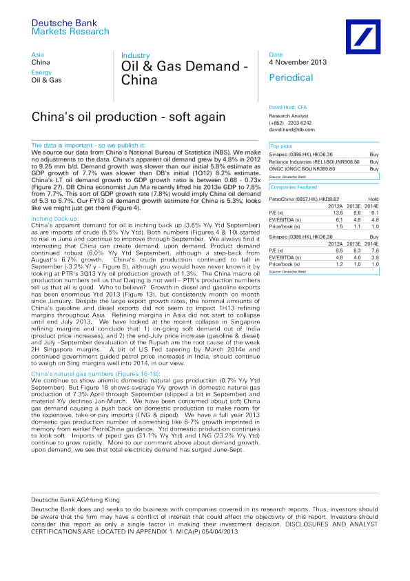 Oil & Gas Demand - China ：  China's oil production - soft again