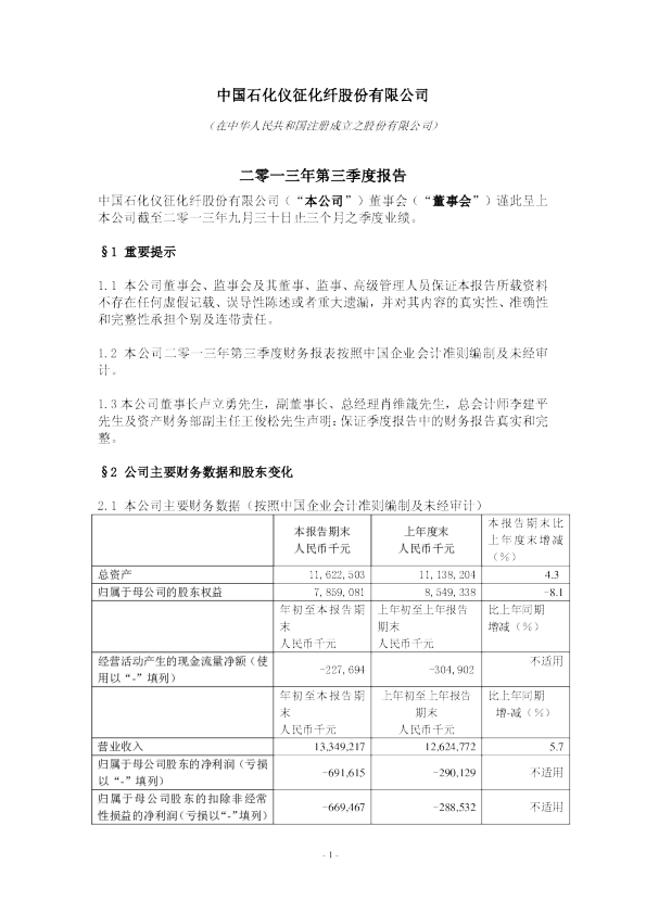 仪征化纤：2013年第三季度报告(修订版)