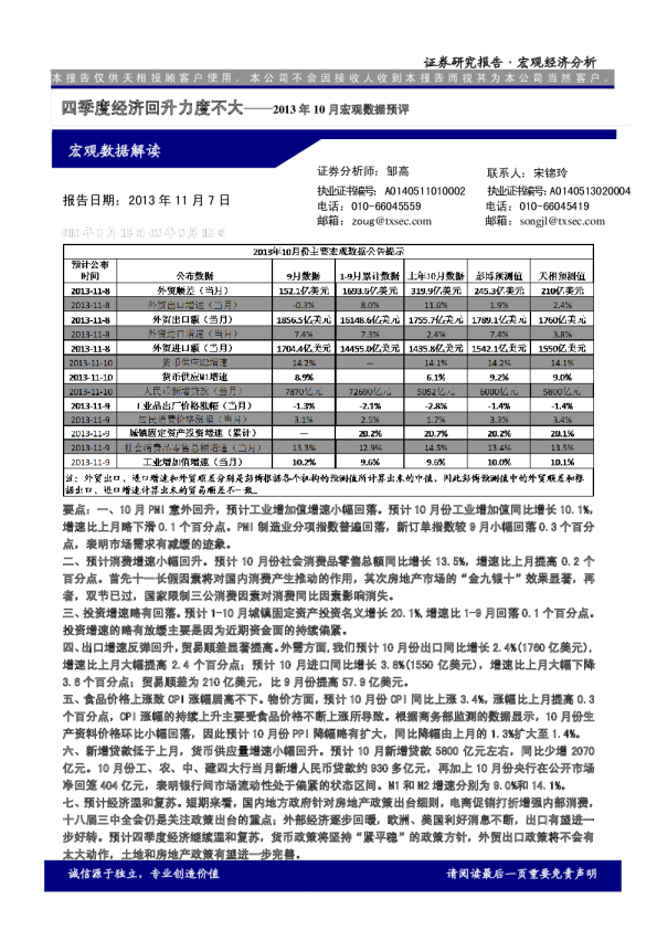2013年10月份宏观数据预评：四季度经济回升力度不大
