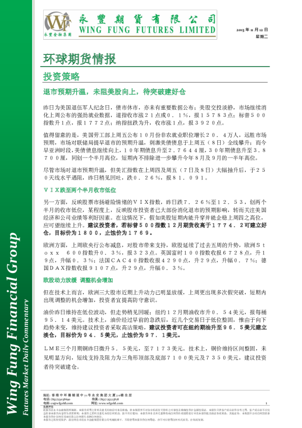 永丰金融环球期货情报