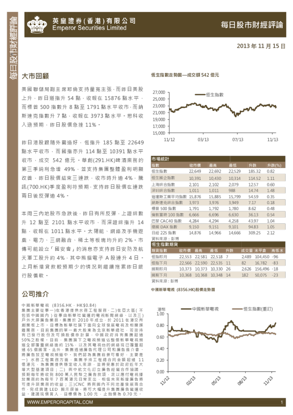 英皇证券每日股市财经评论