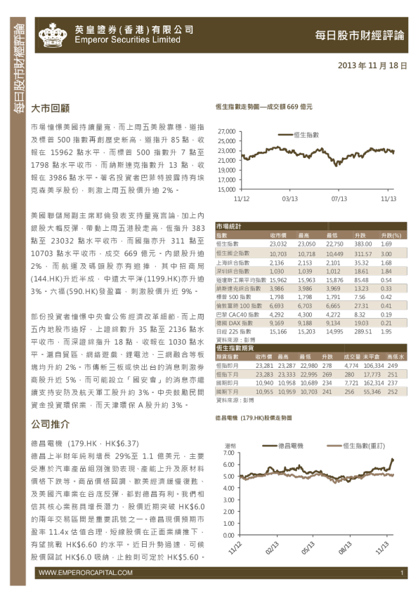英皇证券每日股市财经评论