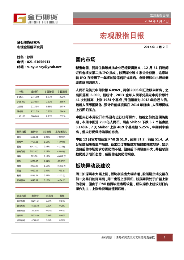 金石期货宏观股指日报