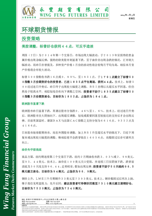 永丰金融环球期货情报