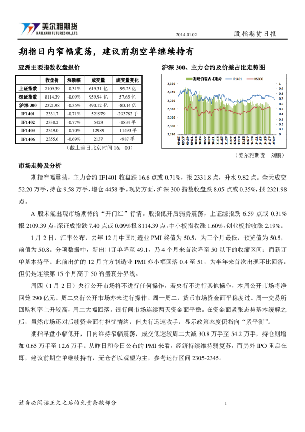 股指期货日报：期指日内窄幅震荡,建议前空单继续持有