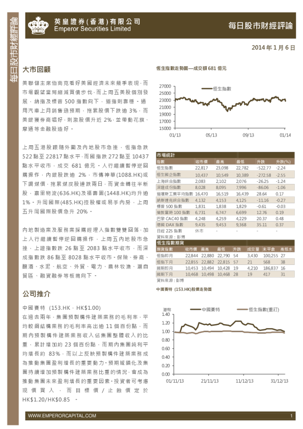 英皇证券每日股市财经评论