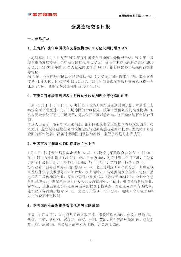 美尔雅期货金属连续交易日报