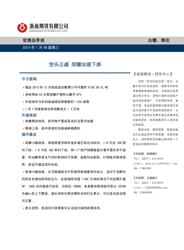 软商品早报：空头正盛,郑糖加速下跌