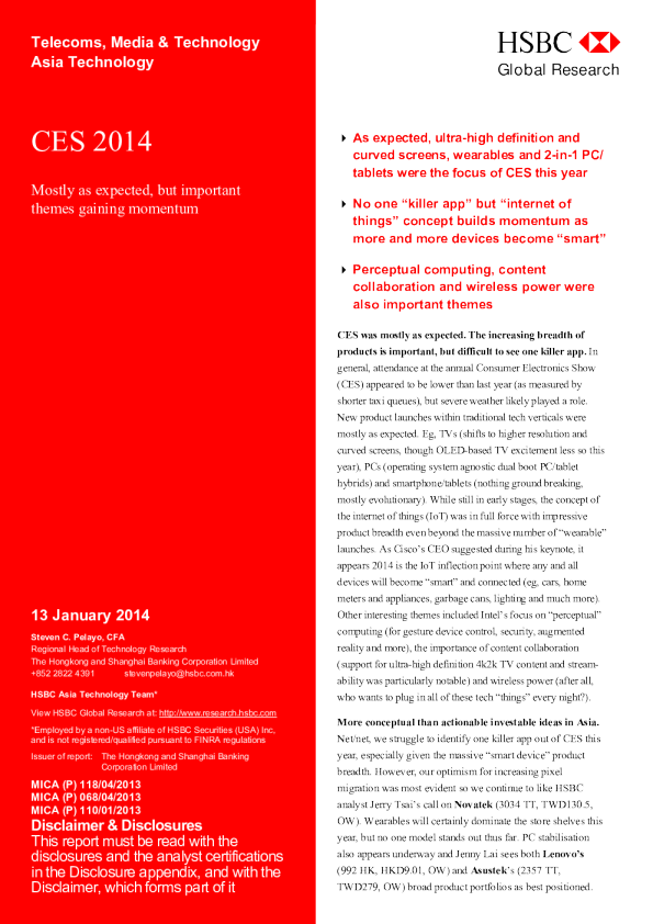 Asia Technology-CES 2014：Mostly as expected, but important themes gaining momentum