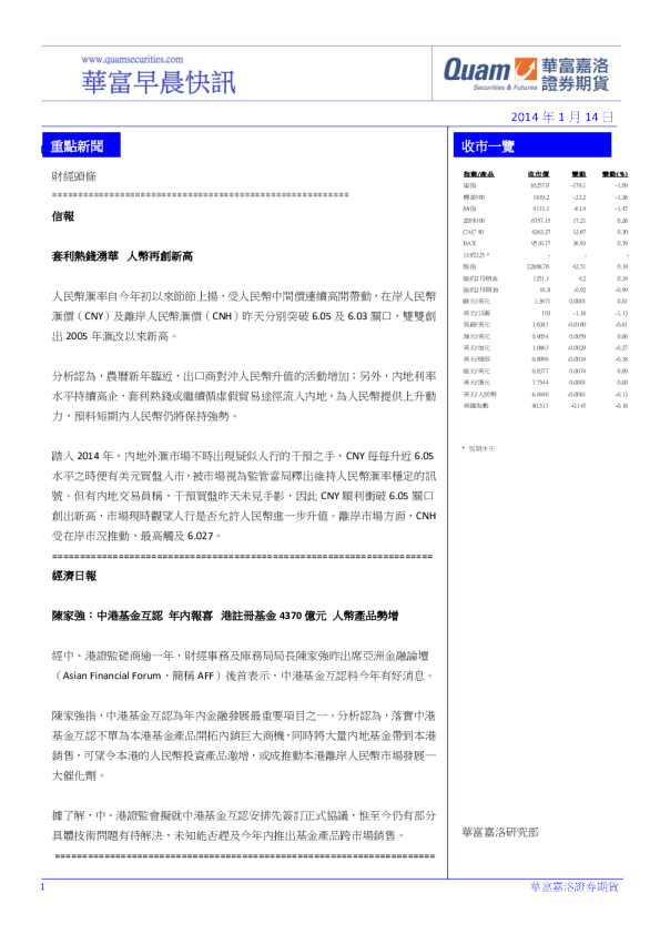 华富港股(1月14日)快讯