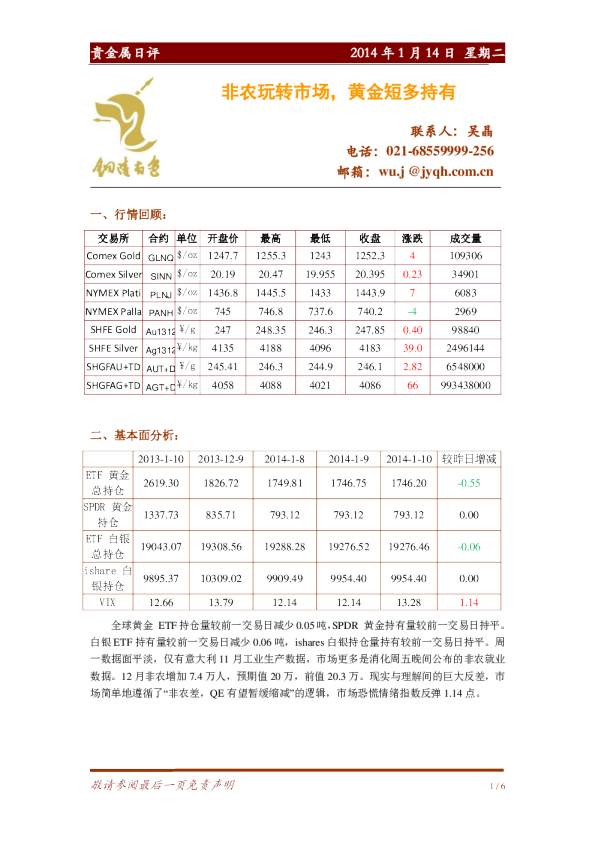 贵金属日评：非农玩转市场,黄金短多持有