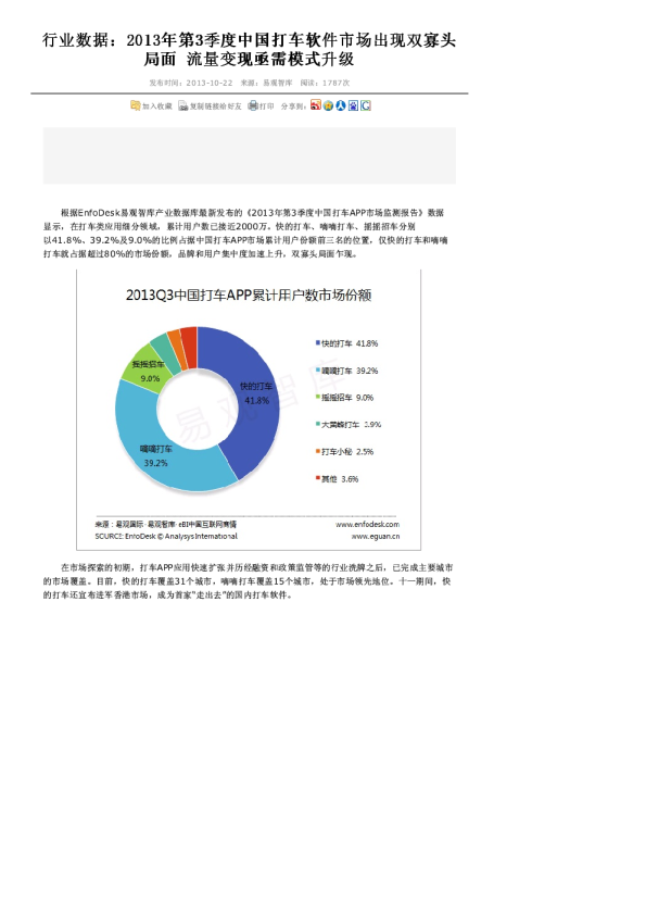 行业数据：2013年第3季度中国打车软件市场出现双寡头局面 流量变现亟需模式升级