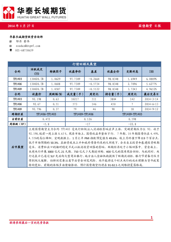 华泰长城期货国债期货日报