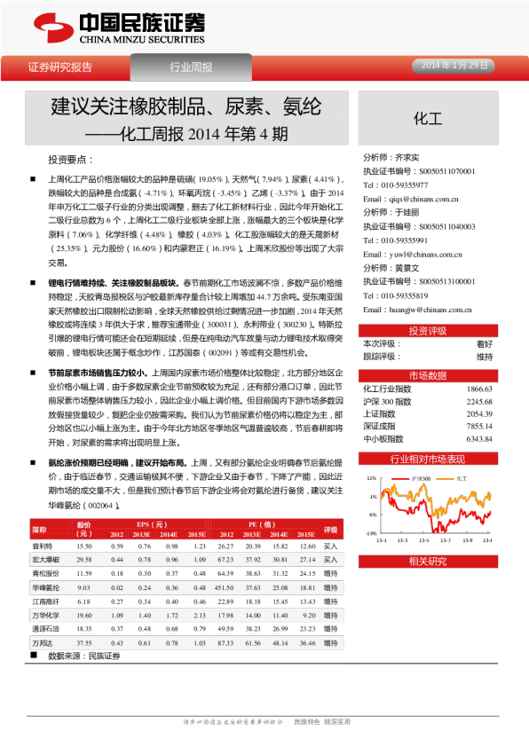 化工周报2014年第4期：建议关注橡胶制品、尿素、氨纶