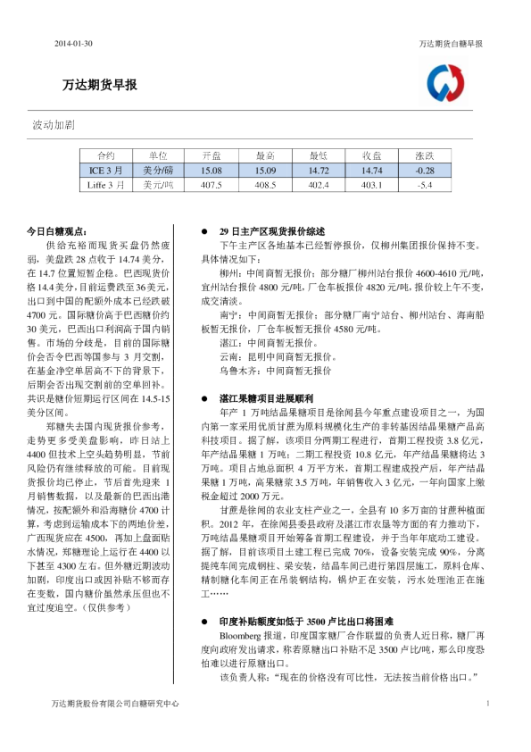 万达期货白糖早报;波动加剧