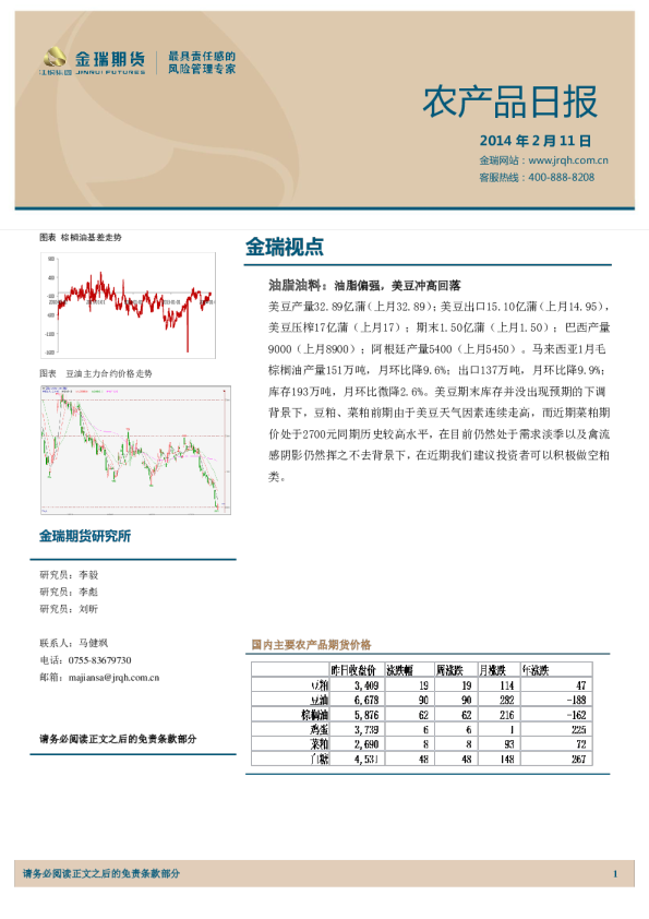 金瑞期货农产品日报
