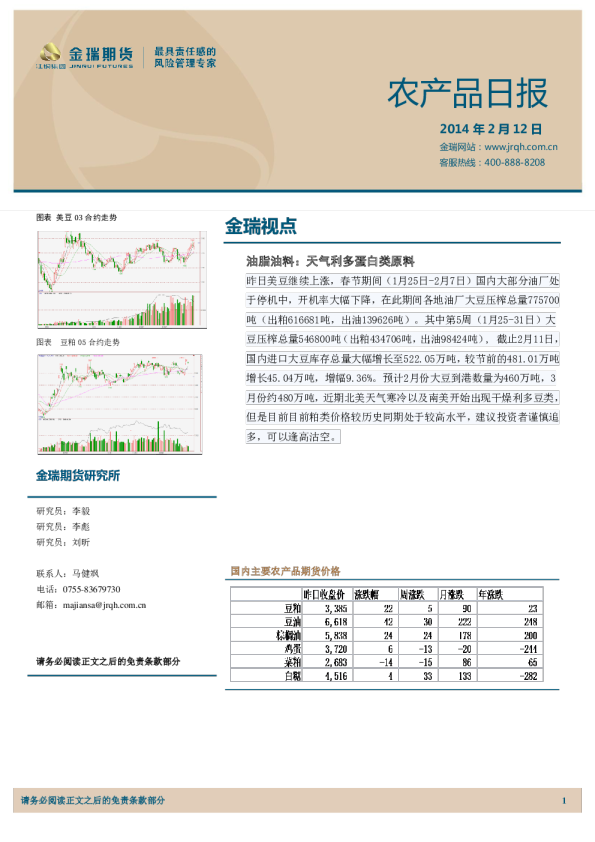 金瑞期货农产品日报