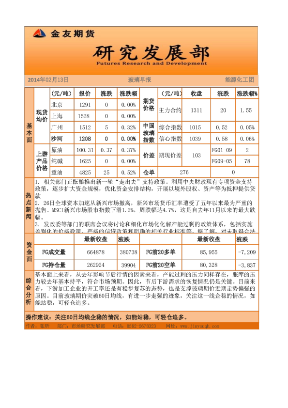 金友期货玻璃早报