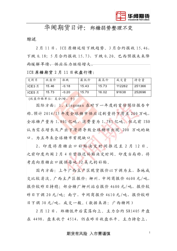 华闻期货日评：郑糖弱势整理不变