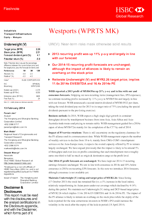 WESTPORTS（WPRTS.MK）：UW（V）：短期风险以其他方式提供稳定的结果