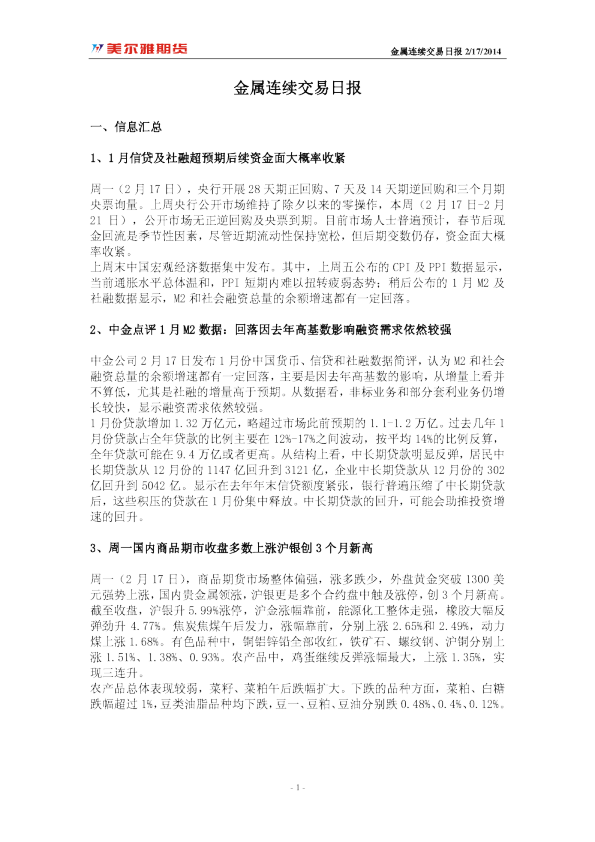 美尔雅期货金属连续交易日报