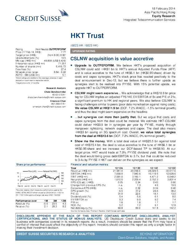 HKT Trust ： CSLNW acquisition is value accretive