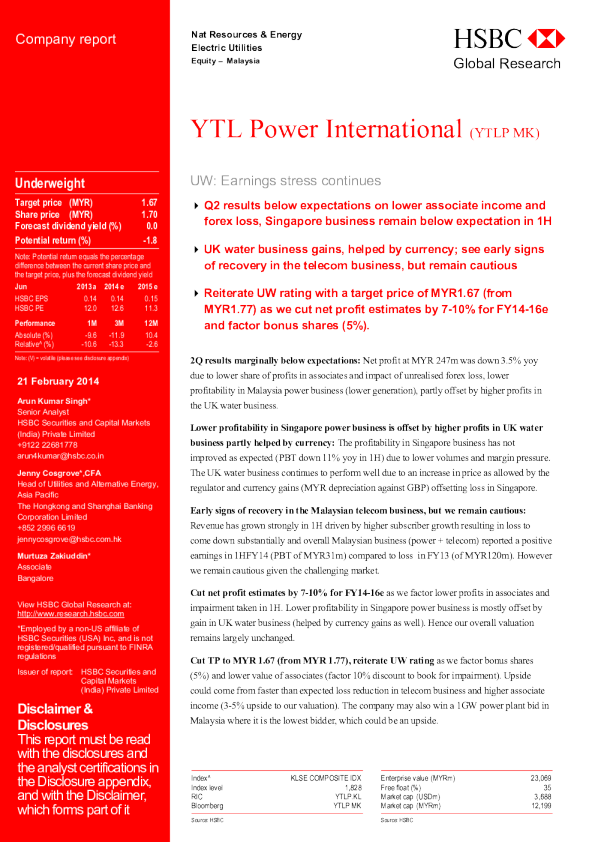 YTL POWER INTERNATIONAL（YTLP.MK）：UW：收入压力持续