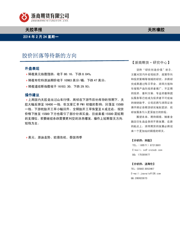 天胶早报;胶价回落等待新的方向