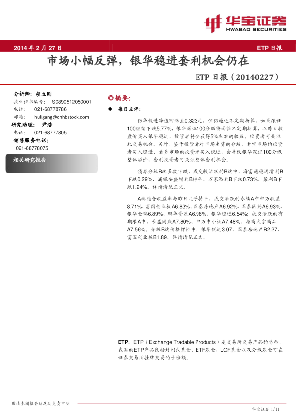 ETP日报:市场小幅反弹,银华稳进套利机会仍在