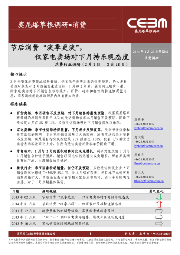 消费行业调研：节后消费“淡季更淡”,仅家电卖场对下月持乐观态度