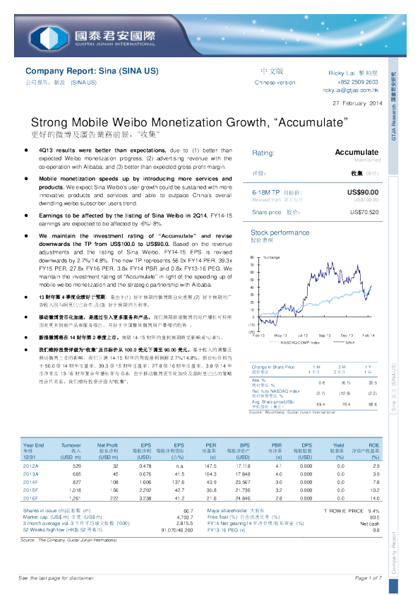 新浪(SINA.US)：更好的微博及广告业务前景 “收集”