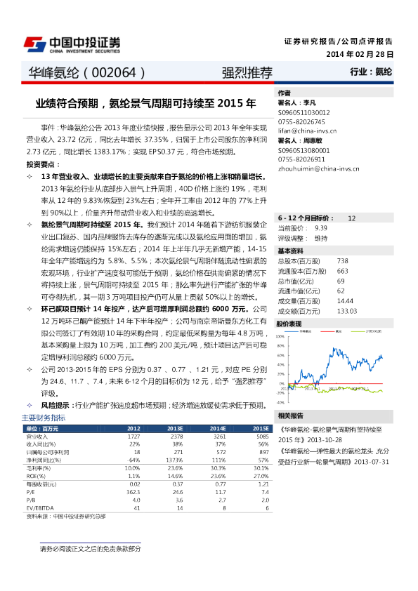 业绩符合预期，氨纶景气周期可持续至2015年