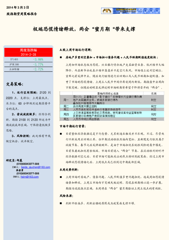 股指期货周策略报告：极端恐慌情绪释放,两会“蜜月期“带来支撑