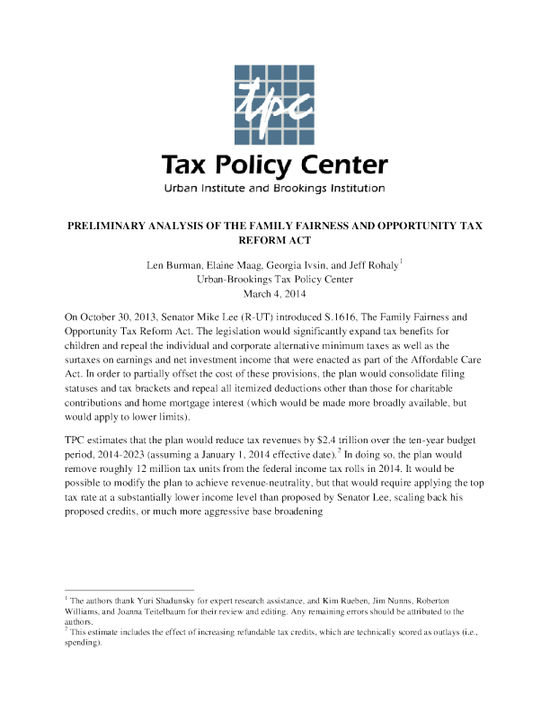Preliminary Analysis Of The Family Fairness And Opportunity Tax Reform Act Preliminary analysis of the family fairness and opportunity tax reform act