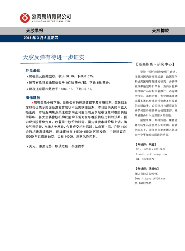 天胶早报：天胶反弹有待进一步证实