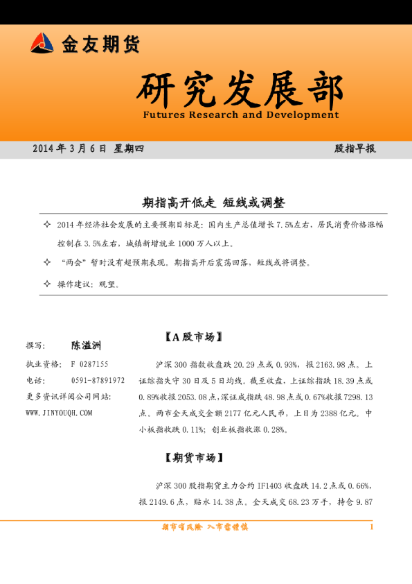 股指早报：期指高开低走短线或调整