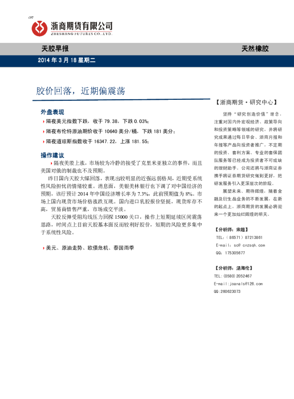 天胶早报：胶价回落,近期偏震荡
