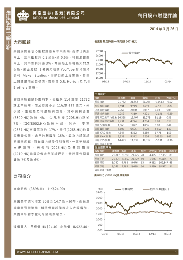 英皇证券每日股市财经评论
